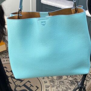 MCM Sky Blue Pebbled Leather Tote